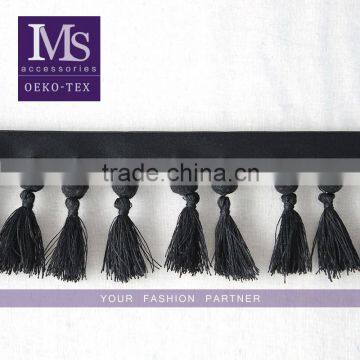 High quality 7.5cm width black beaded fringe tassel trim with pompom balls