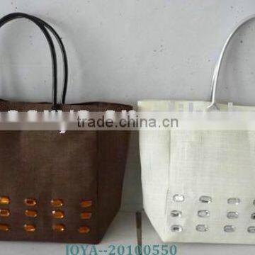 Nice paper straw handbag with plastic decoration +PU handle +polyester lining