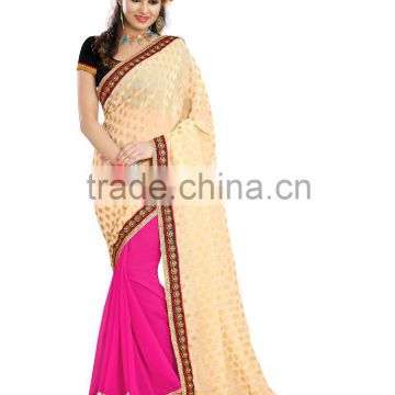 Beige and pink color Saree of embroidery