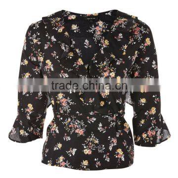 Ruffle Cuffs V-Neckline Flower Print Ruffle Wrap Top Ladies Tops Latest Design