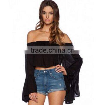 Women Fashion Black Big Loose Sleeve Bare Shoulder Chiffon Blouse