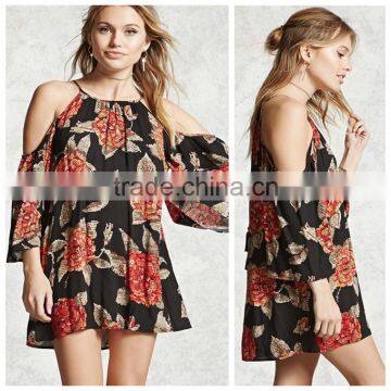 Women Open Shoulder Floral Print Rayon Fashion Dress