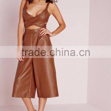 unique design lady sexy faux leather cut out culotte jumpsuit