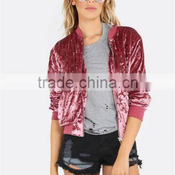 MGOO Custom Label Tag Women Outwear Zip Up Ribbed Trim Velvet Bomber Jacket Coat Pink photo-3