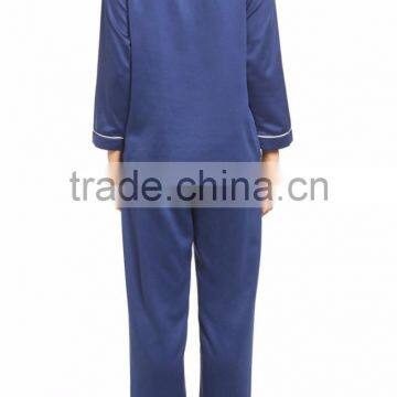 Hot Sale Women Long Pajamas Set Long Sleeve Button Top With Long Pants White Piping Pyjama Set Navy Blue photo-2