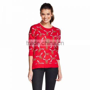 Women Red Sweater Allover Reindeer Head Pattern Knitted Christmas Jumpers