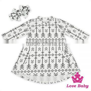 48BQA14 Lovebaby Dress Printed Arrow Long Sleeve Two Pocket With Same Fabric Bow Headband Baby& Kids Girls Casual Frock Designs