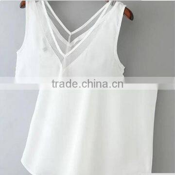 European and American Style Solid Color V-neck Blouses Stitching Gauze Halter T-shirt Tank Top Women photo-6