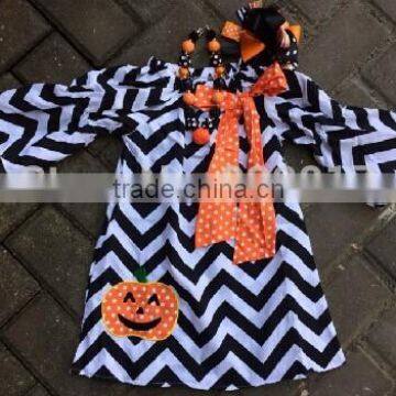 baby girls Halloween black chevron pumpkin dress with matching hair bows and chunky necklace set