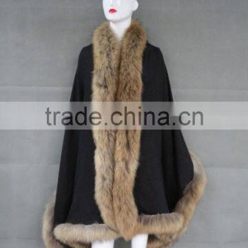 New Style Fashion Comfortable Cashmere Shawl Cape Lined Natural Raccoon Fur Trim