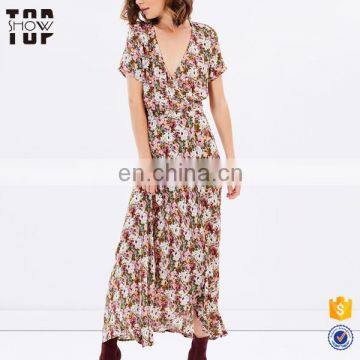 OEM Women Dresses Factory Outlet Deep v Neck Wrap Florals Print Maxi Long Dress