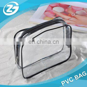 Hot Promotion Sale Black Piping Transparent Stand up Zipper PVC Cosmetic Toilet Towel Bag for Beach Traveling