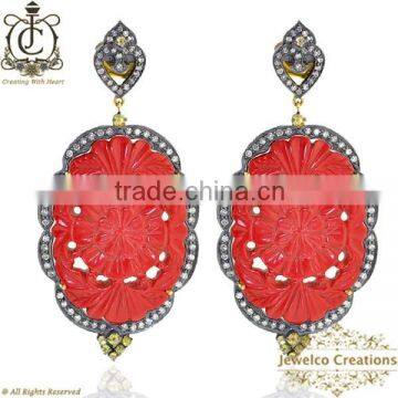 925 Silver Diamond Earrings, Coral Carving Earring, Pave Diamond Earrings, Diamond Gemstone Jewelry, Gemstone Jewelry Wholesaler