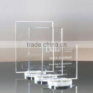 Clear corporate square shape glass trophy award with round base for company logo