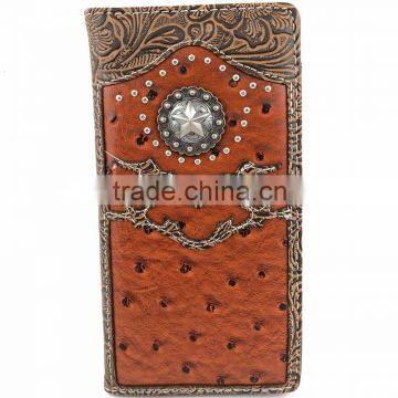 Western Cowboy Star Concho Men Tooled Ostrich Leather Bifold Wallet Checkbook