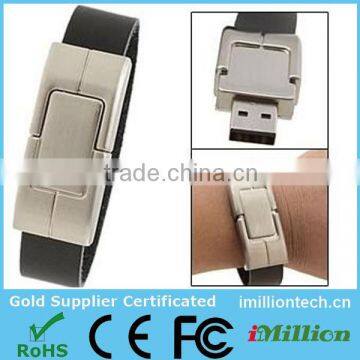 custom Stainless Steel leather cuff bracelet usb with engraved metal plate