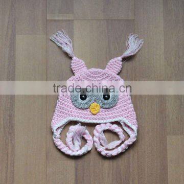 Lt Pink Baby Crochet Owl Ear Flat Beanie Hat FCK-119200850