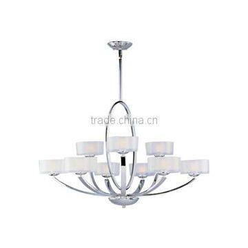 9 Light chandlier Graceful sweeping arms finished in Polished Chrome with Frosted glass