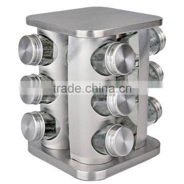 12 Jars Glass Condiment Kitchen Set Stainless Steel Revolving Spice Rack Set photo-2