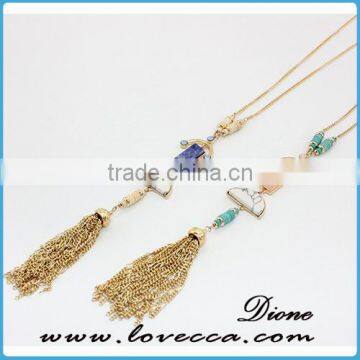 Wholesale synthetic gemstone tassel necklace with long gold druzy chain