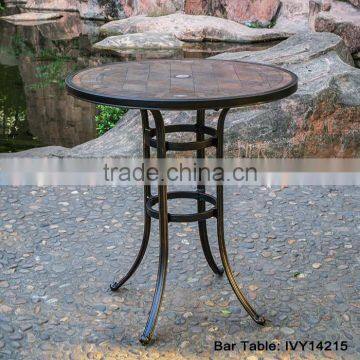 patio furniture cast aluminum bar table rustproof porcelain tile tabletop with parasol hole assembly #IVY14215