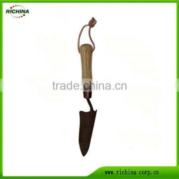 Garden Hand transplanter, transplanting trowel, carbon steel head, wood handle with leather wrist strap