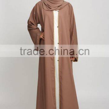 Guangzhou clothing OEM Gold pearl detailing Pop up button Taupe Open Jacket Abaya