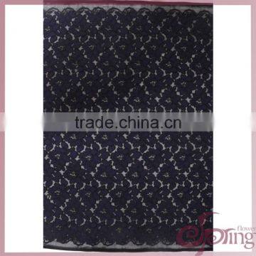 2016 new arrival big navy flower lace embroidery fabric on grid mesh in high quality