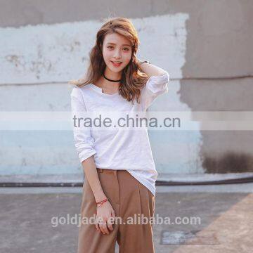 Wholesale plain cotton curved white long sleeve t shirt women