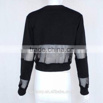 Custom Woman Black Sweater 199X Printing Mesh Cotton Contrast Hoodies Top Long Sleeve Mesh Sweatshirt photo-3