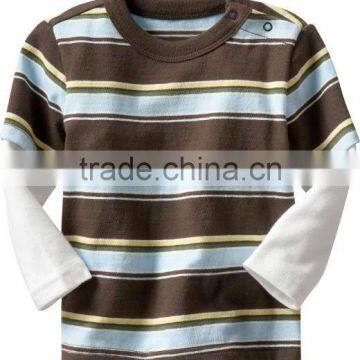 BOYS STRIPED T SHIRT WITH CONTRAST LONG SLEEVES AND SNAP OPENING AT SHOULDERS