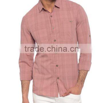 Pink check Super skinny Sheer Long Sleeve Buttonless Khaki Men Shirt