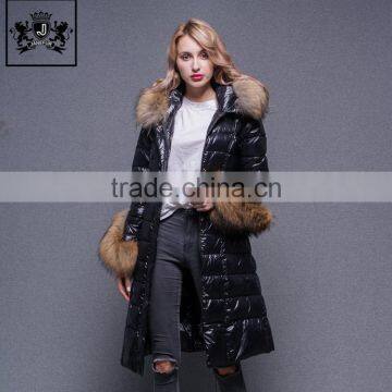 Italian design fashion pattern goose down jacket women with big fur collar and cuff