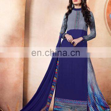 Navy Blue & Grey Colored Pure Georgette Embroidered Suit