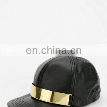 leather baseball caps - fashion black leather snapback cap with Metal on front - Leather custom snake skin brim snapback cap -