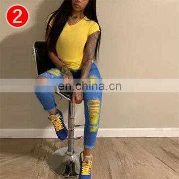 Ripped Jeans For Women Free  Fashion Color Skinny Hole Jeans Female Party Club Hollow Out Denim Pants Vestidos