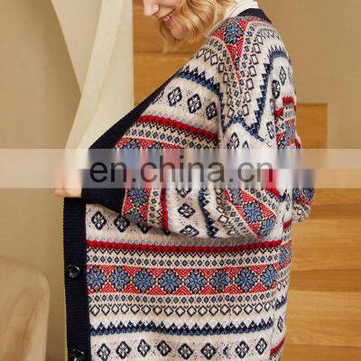 Women Plus Size V Neck Jacquard Cashmere Wool Cardigan Printed Sweater photo-4