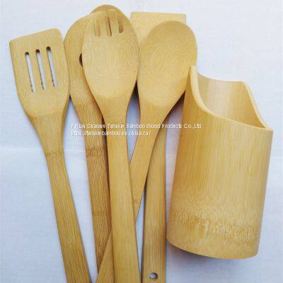 Bamboo cooking spatula spoon set with holder/kitchen bamboo utensils holder from China