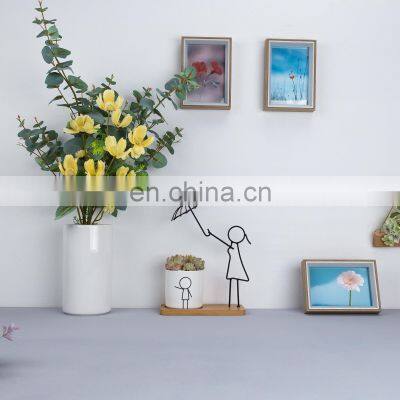Modern Decorative Flower White Ceramic Pot Metal With Bamboo Tray Cute Frame For Home Decor