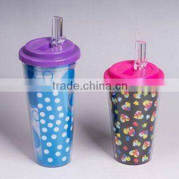 16oz PS Double Wall Reusable Plastic Cup With Lid and Straw