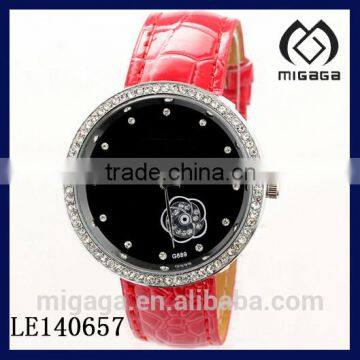 fashion rhinestone setting rose black dial red leather rose watches for women