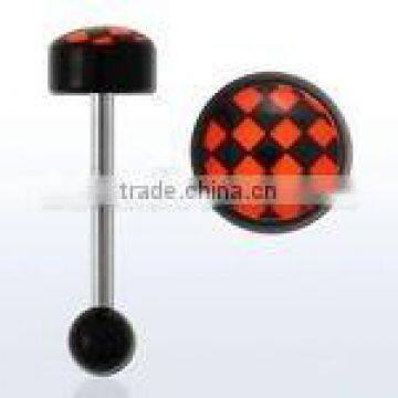 Steel barbell tongue bar with black and orange checkers