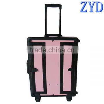 Aluminum hair stylist makeup train case,trolley cosmetic beauty vanity box,pink makeup train case