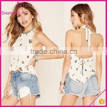 Southwestern print self-tie straps ruffled hem wholesale halter top women