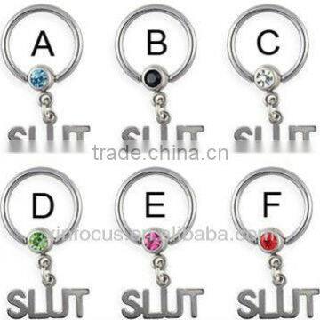 Captive bead ring with dangling "SLUT", 14 ga fashionable bcr