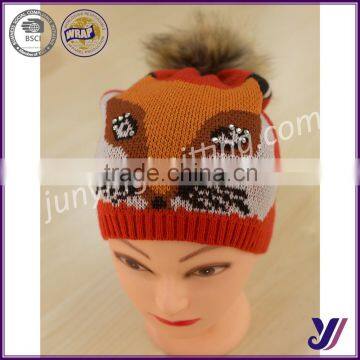 100% Acrylic Crocheted knitted beanie cap hats with fur pom pom china manufacturer