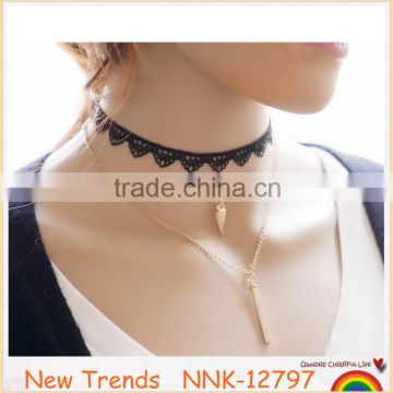 New arrival gold chain black lace choker pearl pendant necklace