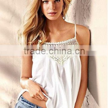 Cotton Crochet-trim Lace neckline Tank Top Women