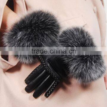 Fashion Women Silver Fox Fur Trim Sheepskin Leather Gloves Bike MotorCycling