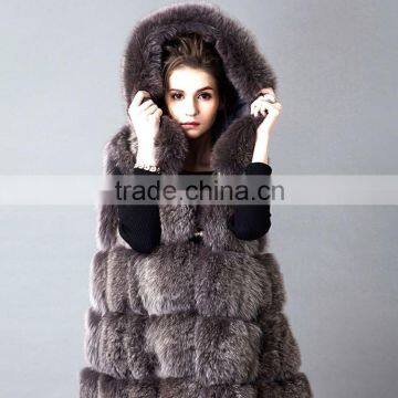 2016/2017 Latest Design Winter Top Quality Real Fox Fur Vest with Hood Long Style Whole Skin Silver Fox Fur Vest for Women